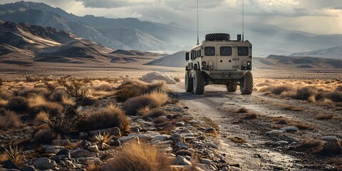 Autonomous supply convoy delivers crucial equipment through rugged landscape to isolated base. Concept Military Logistics, Autonomous Vehicles, Supply Chain Management, Remote Outpost - obrazy, fototapety, plakaty