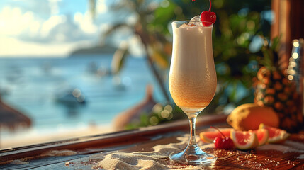 A tropical piña colada with a cherry on top, served in a fancy glass on a sandy beach table - obrazy, fototapety, plakaty