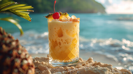 A tropical piña colada with a cherry on top, served in a fancy glass on a sandy beach table - obrazy, fototapety, plakaty