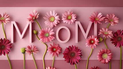Pink gerbera daisies surround the 3D text 'MOM', creating a heartfelt message on a pink background