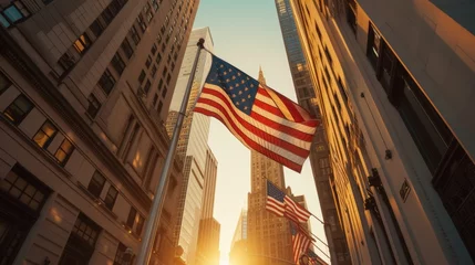 Papier Peint photo Lavable Etats Unis US national flag flying in air in New York city street