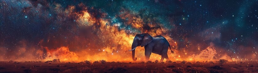 Elephant gliding milky way canvas - obrazy, fototapety, plakaty