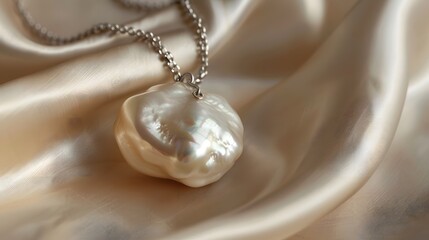 Natural baroque pearl pendant on a chain. Soft focus
