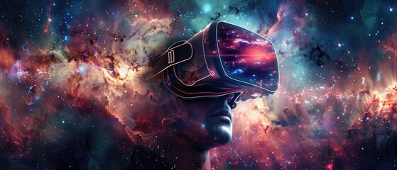 Man with VR glasses galaxy immersion