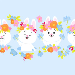 Seamless border of cute Easter bunnies and spring flowers
