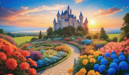 colorful flower fields and castles
 - obrazy, fototapety, plakaty