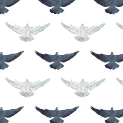 Christian card and hand drawn bird pattern.Ink handwriting inscriptions.Bird pattern.Typography and lettering.