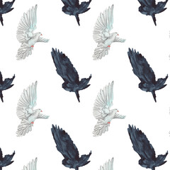 Christian card and hand drawn bird pattern.Ink handwriting inscriptions.Bird pattern.Typography and lettering.