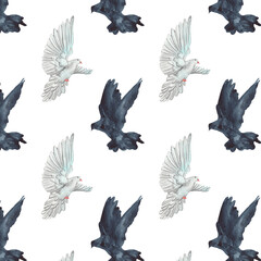 Christian card and hand drawn bird pattern.Ink handwriting inscriptions.Bird pattern.Typography and lettering.