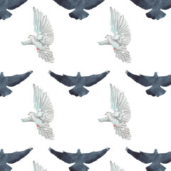 Christian card and hand drawn bird pattern.Ink handwriting inscriptions.Bird pattern.Typography and lettering.
