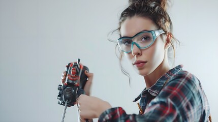 tool mastery: a skilled young woman in a plaid shirt confidently handles a power drill