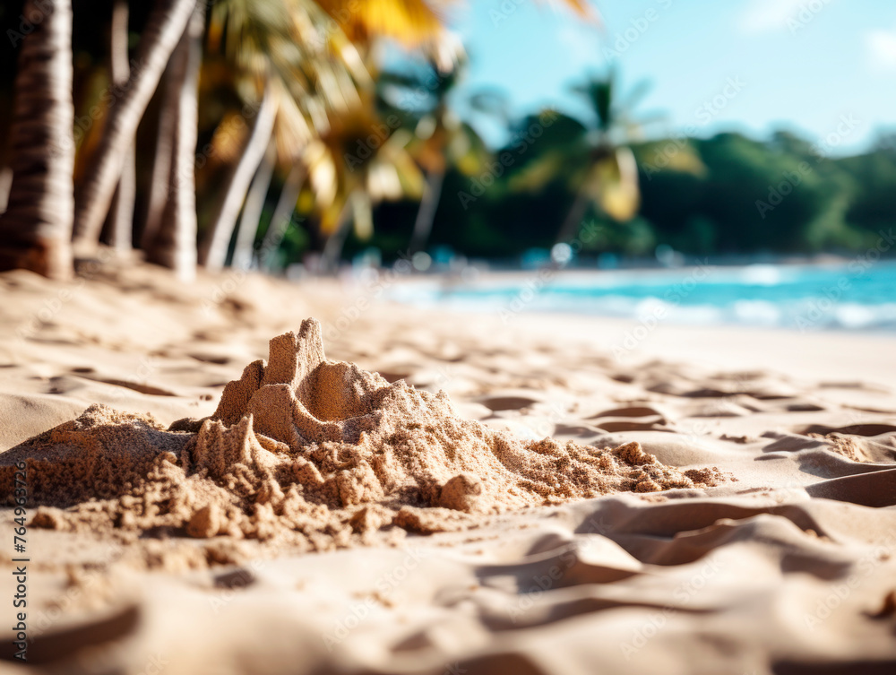 Aufkleber a closeup of a sandcastle on a sunny beach with palm trees and an ocean in the background. ai genera