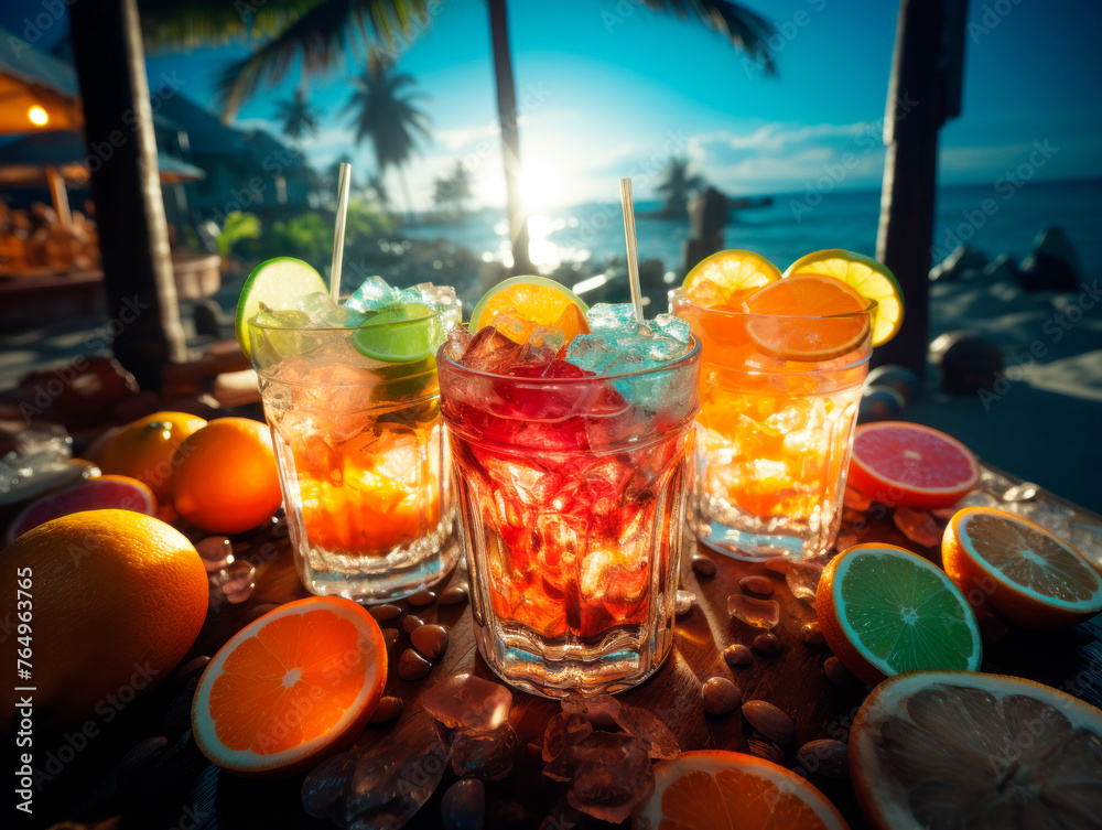 Poster summer concept with closeup of colorful drinks on a beach table with sea in the background. ai gener