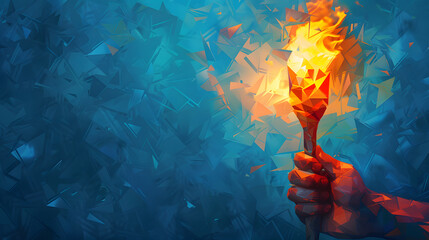 A hand is holding a torch with blue and red flames. The background is a dark blue with triangular shapes.