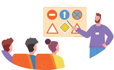 Driving school training. Traffic road sign lesson