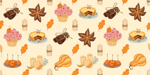 Autumn seamless pattern. Pumpkins and autumn items. Cozy warm background. Perfect for printing, textiles, wrapping paper. Vector illustrations