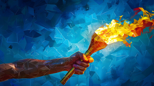 A hand is holding a torch with blue and red flames. The background is a dark blue with triangular shapes.