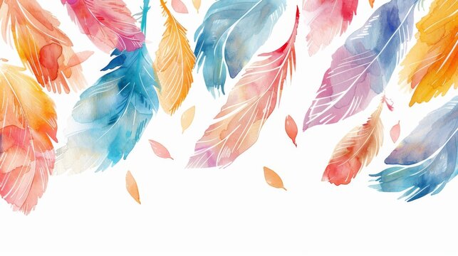 Background with colorful watercolor feathers, beautiful illustration, modern