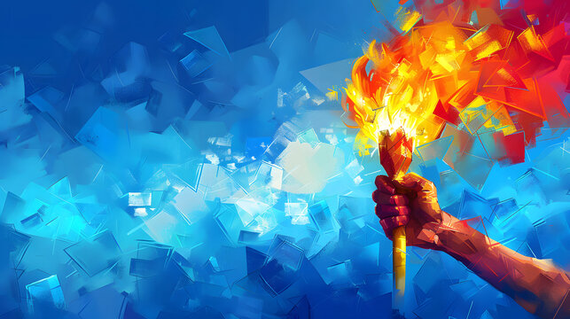 A hand is holding a torch with blue and red flames. The background is a dark blue with triangular shapes.