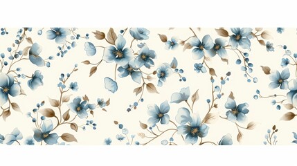 In a provence style, this seamless background features vintage flowers with a blue beige pattern on a white background.