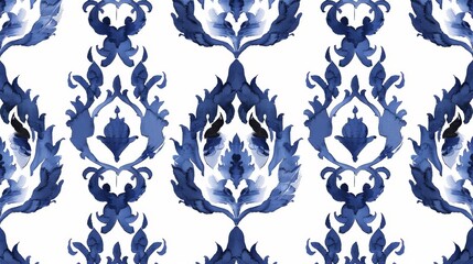 Ikat Ogee and Damascus ornament Seamless Background Pattern. For textiles, wallpaper, or surface textures. - obrazy, fototapety, plakaty