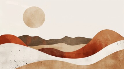 The background is abstract contemporary aesthetic with landscapes, deserts, mountains, and the moon. Earth tones, burnt orange, terracotta colors contrast against the black and white background.