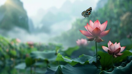 Beautiful oriental landscape with blooming lotus flowers - obrazy, fototapety, plakaty