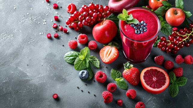 a vibrant red smoothie surrounded by an array of fresh red fruits.