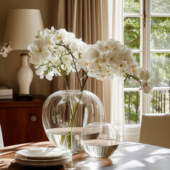 An elegant white floral arrangement on a table bathed in natural light from a nearby window.