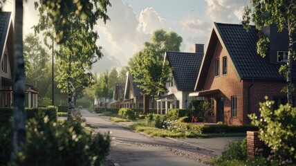 Fototapeta na wymiar a brick-walled two-story single-family house amidst the tranquil ambiance of a Finnish suburban street, accented by muted greens, greys, and dark blues of spring.