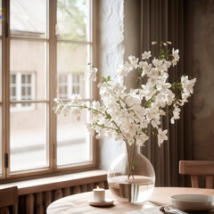 An elegant white floral arrangement on a table bathed in natural light from a nearby window.