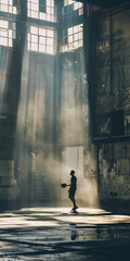 Mobile vertical wallpaper photograph of man silhouette playing basketball in a big concrete abandoned wearhouse. . Story post.