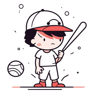 recommend clip art: Boy playing baseball in line art style on white background.