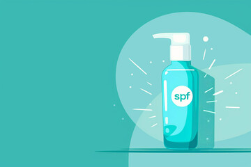 The bottle is pale blue with the inscription “SPF” on a pale blue background. The concept of sun protection, preparation for the summer season, vacation.