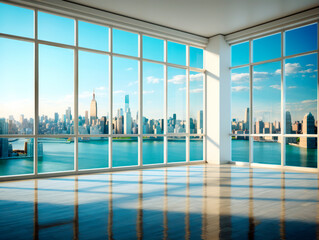 Empty room with large windows and a panoramic view of a city skyline over water. Metropolitan living concept Generative AI