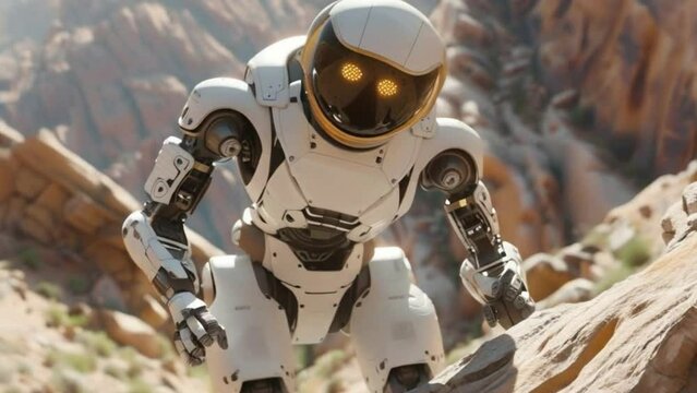 A robot is standing on a rocky mountain. The robot is white and has yellow eyes 4K motion