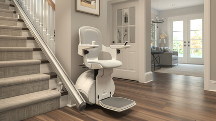 Modern stairlift at the base of stairs in a stylish house, epitomizing accessible home design