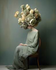 portrait of a beautiful woman with flowers on her head, in a romantic dress with flowers, veil, transparent fabric. Gray background, pastel colors