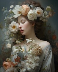 portrait of a beautiful woman with flowers on her head, in a romantic dress with flowers, veil, transparent fabric. Gray background, pastel colors