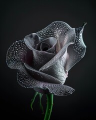 A single monochrome rose with meticulously placed dewdrops over its delicate petals on a dark background