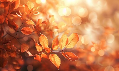 Autumn background with bright orange falling leaves, bokeh light and copy space