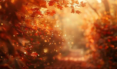  Autumn background with bright orange falling leaves, bokeh light and copy space © Aleena