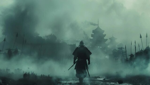 A man in a samurai costume is walking through a foggy, misty forest 4K motion