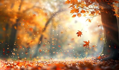 Autumn background with bright orange falling leaves, bokeh light and copy space