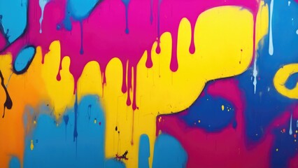 Colorful street art graffiti background. Maroon, blue, yellow colors. Abstract wall surface with colorful drips, flows, streaks of paint and paint sprays