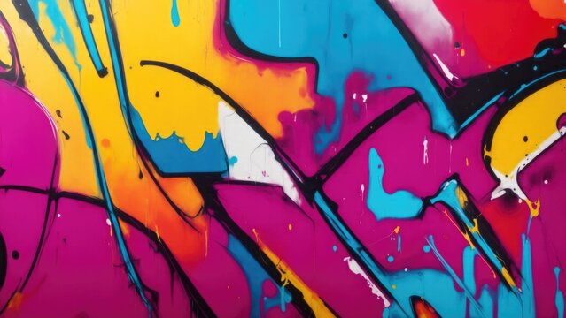 Colorful street art graffiti background. Maroon, blue, yellow colors. Abstract wall surface with colorful drips, flows, streaks of paint and paint sprays