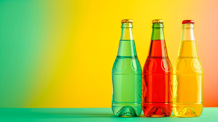 Colorful soda bottles on gradient background