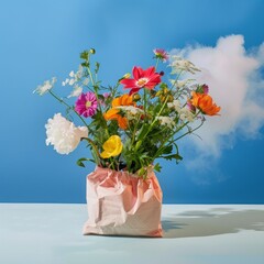 Bright blooms of various flowers tucked in a pink paper bag signify freshness and natural beauty