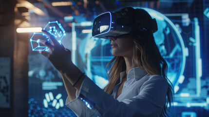 Woman in white engages with futuristic virtual interface using VR headset in a hi-tech setting.