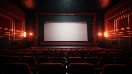 Theater hall or movie cinema room with red seat and wide blank white screen. Comfortable armchair